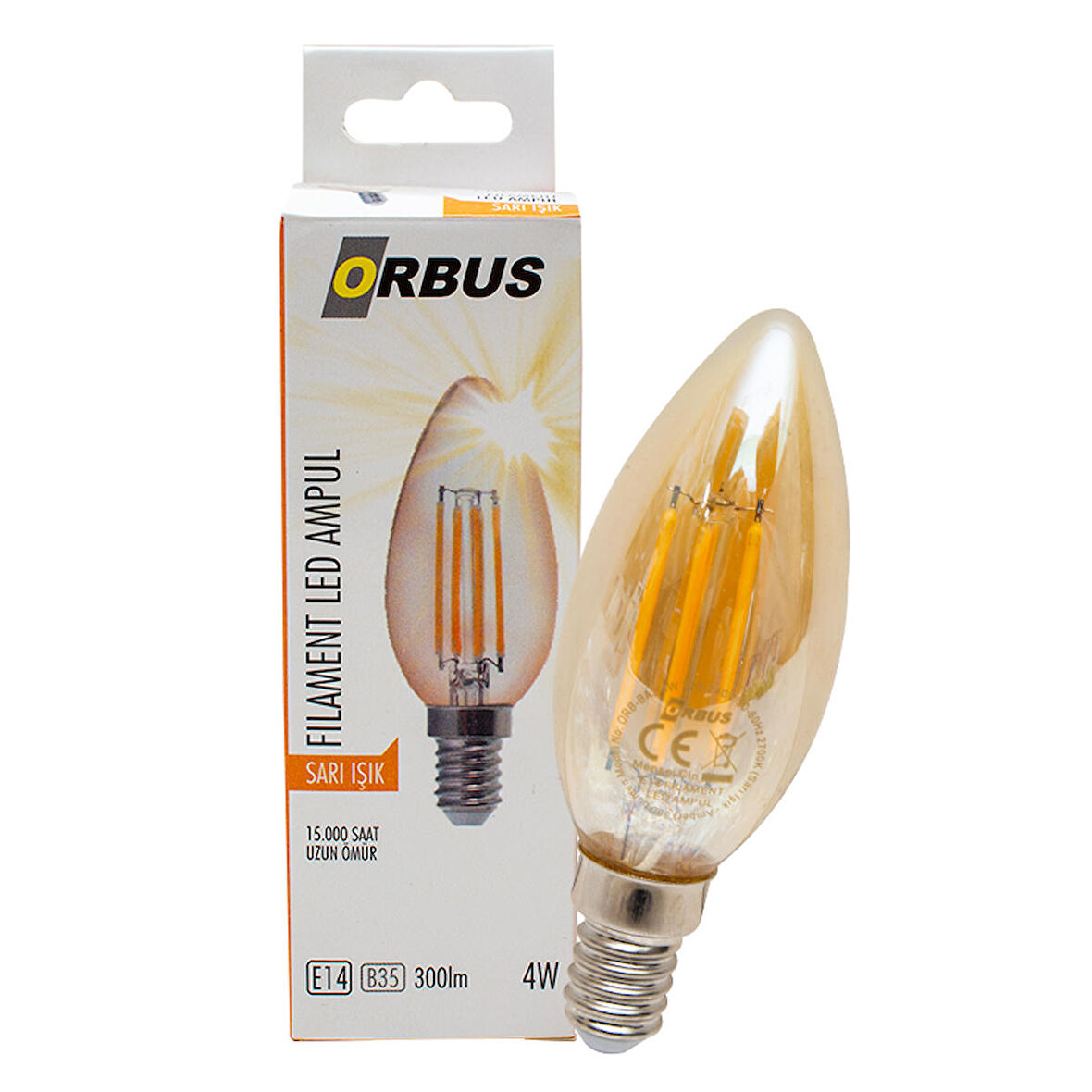 ORBUS ORB-BA3 FILAMENT BULB B35 E14 4 WATT E14 300 LÜMEN AMBER SARI LED AMPÜL