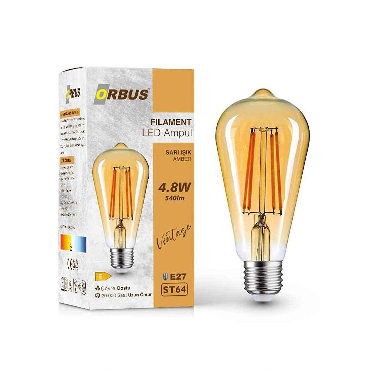 Orbus STA64 LED Filament Ampul 4.8W 540 Lümen E27 Duy Sarı Işık 