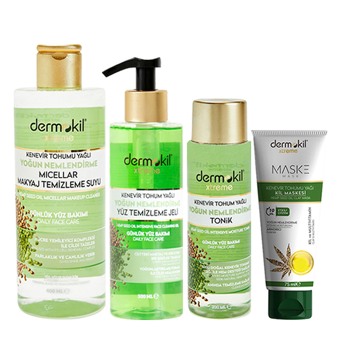 DERMOKİL Kenevir Maske 75 ml + Kenevir Micellar 300 ml + Kenevir Tonik 200 ml + Kenevir Yüz Temizlem