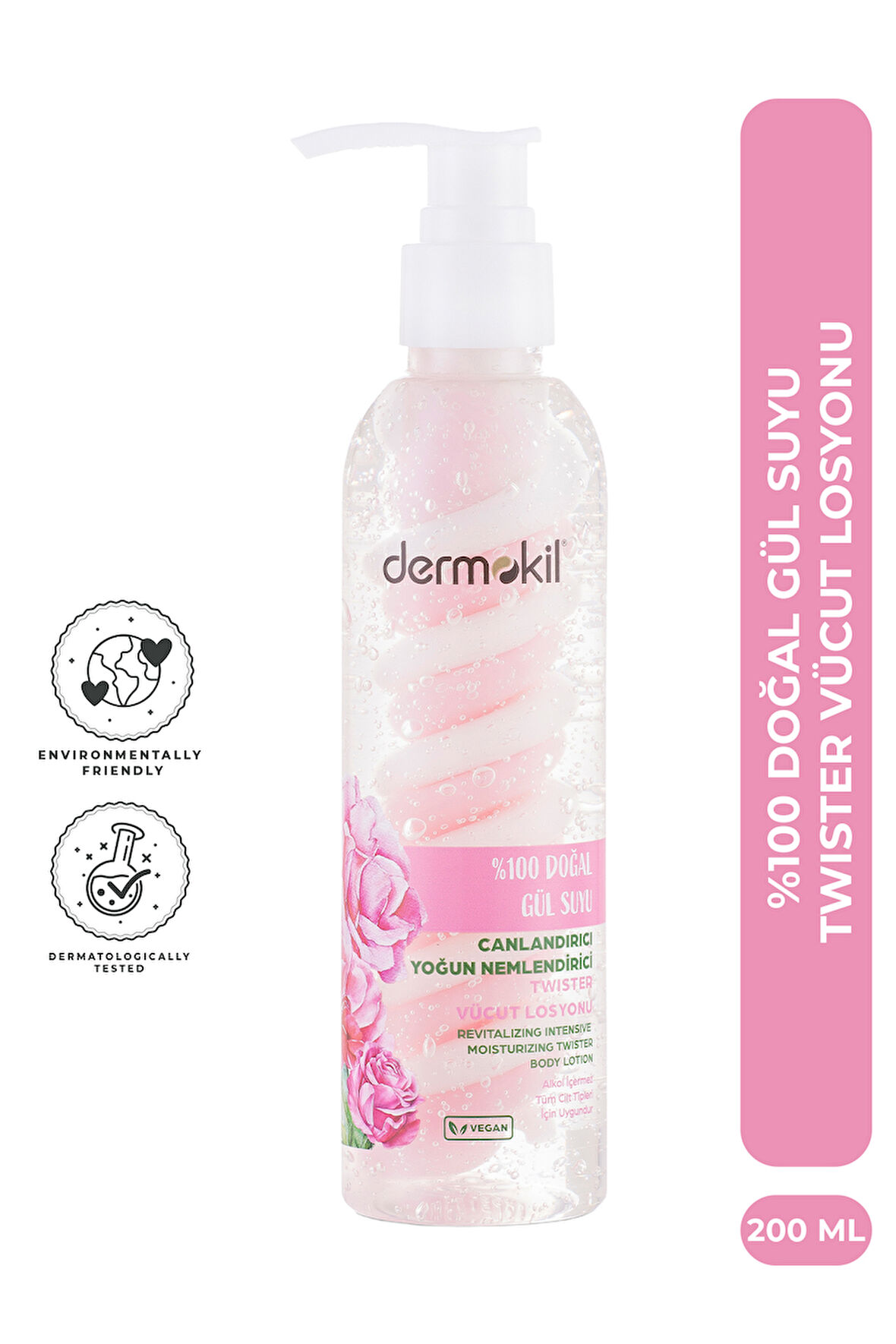 Dermokil %100 Doğal Gül Suyu Canlandırıcı Yoğun Nemlendirici Twister Vücut Losyonu 200 ml