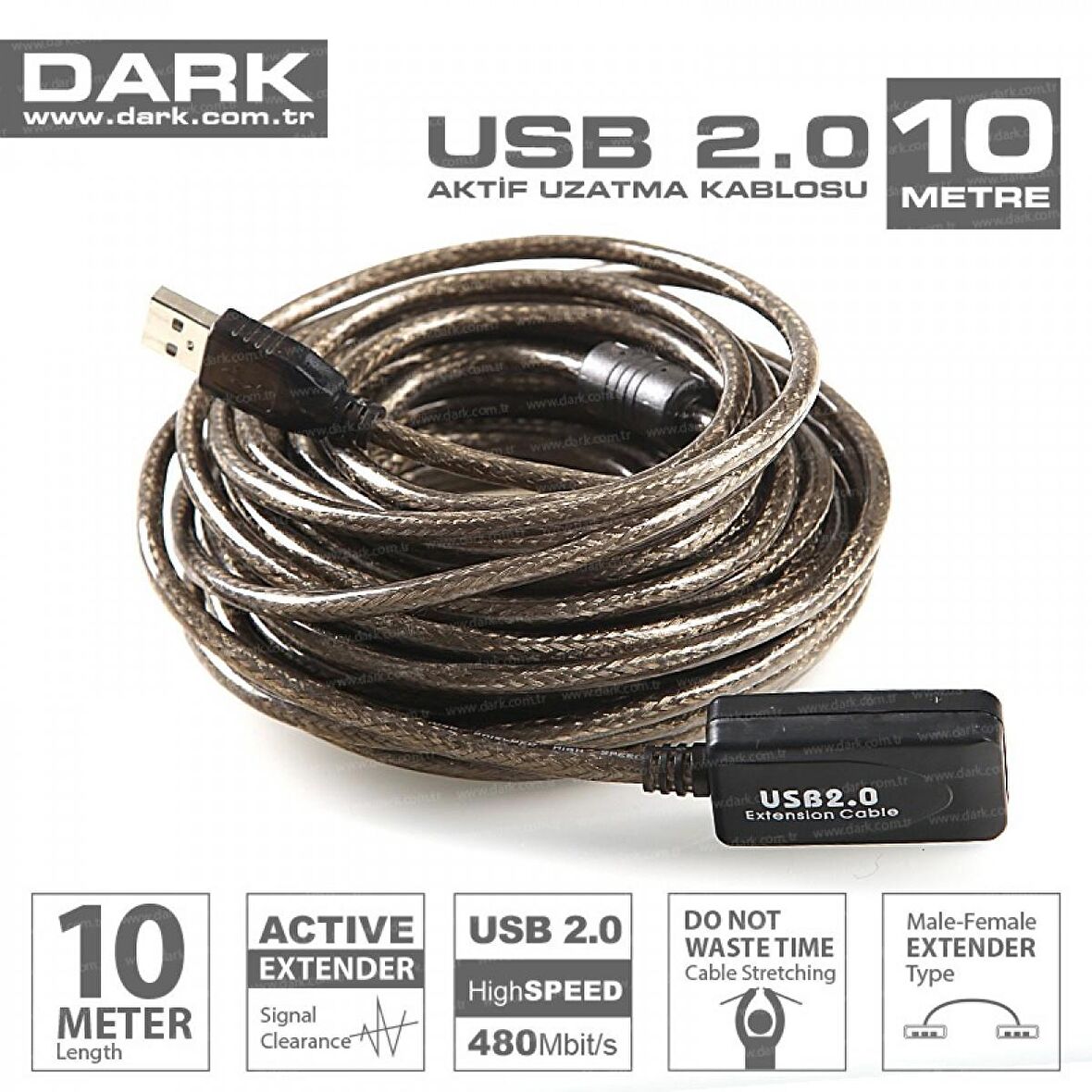 Dark DK-CB-USB2EXTL10A 10 Mt USB 2.0 to USB 2.0 Erkek-Dişi USB 3.0 Aktif Uzatma Kablosu