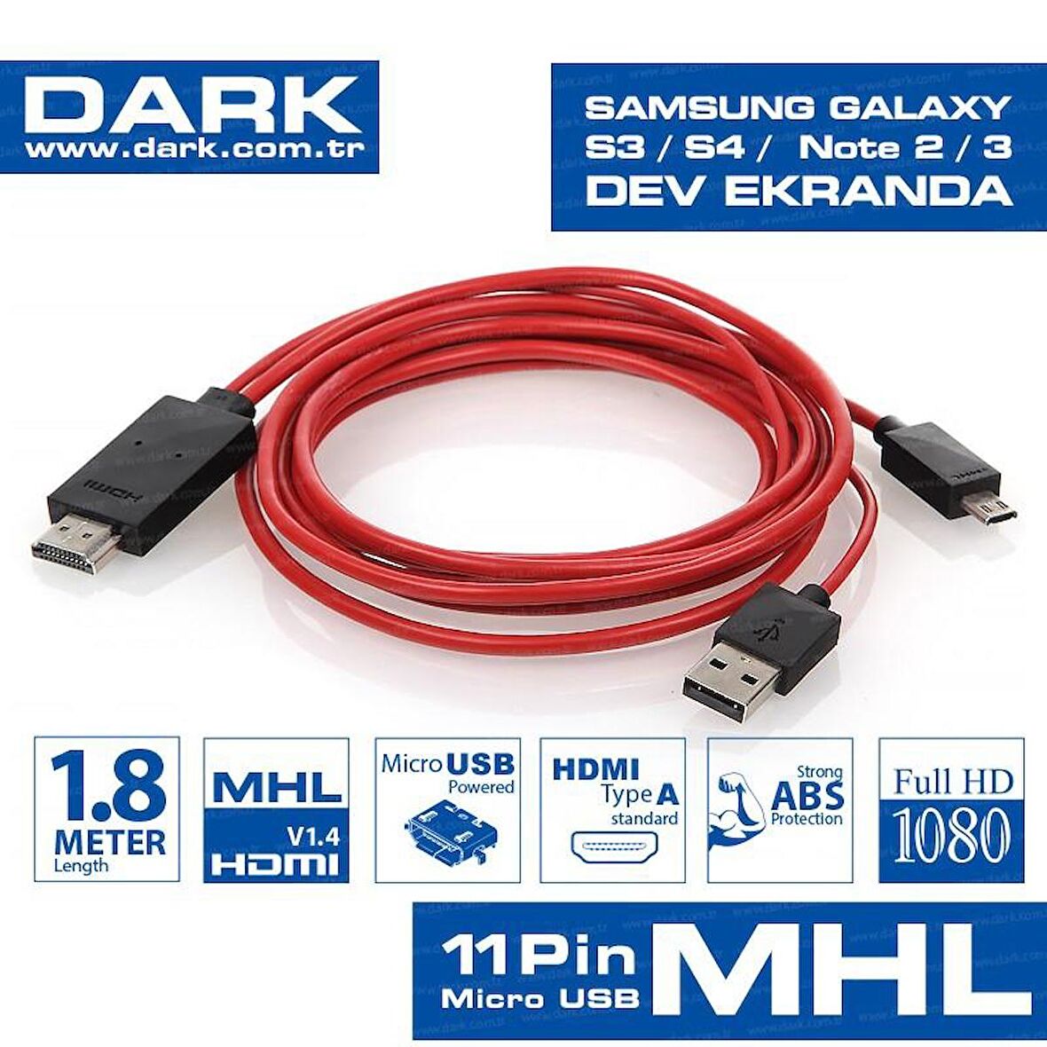 Dark DK-HD-AMHLSM180 1.8M Samsung 11 Pin MHL to HDMI ErkekErkek Görüntü Aktarım Kablosu