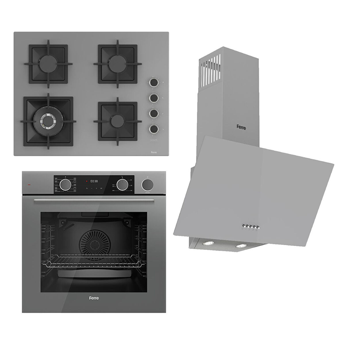 Ferre FLAMEART SC Serisi Gri Set (SC408-WFA + XE64CPR +D088 ) - 65 cm'lik Kare Döküm Izgara-WOK