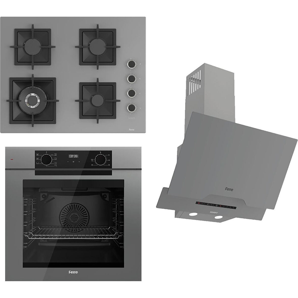 Ferre Fryart-Sılentart Serisi Gri Set (SC408-WFA + QEP63CPR +D065-SA) - Döküm Izgara / 65 cm Ocak