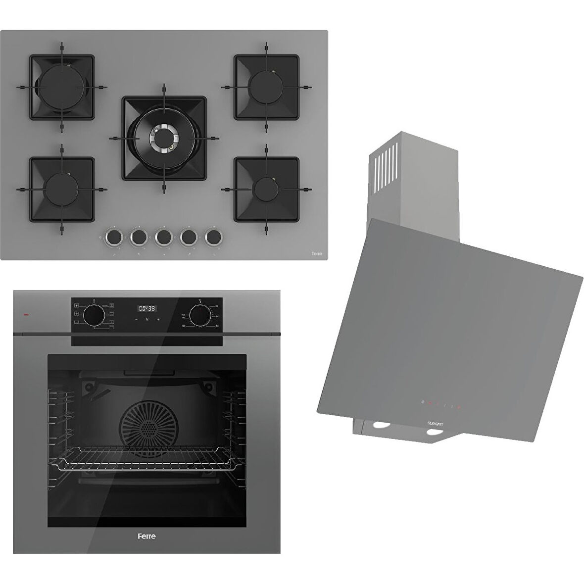 Ferre Fryart-Sılentart Serisi Gri Set (SS038 + QEP63CPR +D079-SA) - Döküm Izgara / 75 cm Ocak