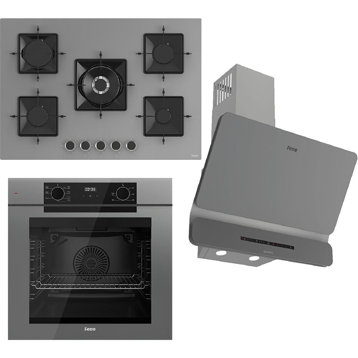 Ferre Fryart-Sılentart Serisi Gri Set (SS038 + QEP63CPR +D082-SA) - Döküm Izgara / 75 cm Ocak