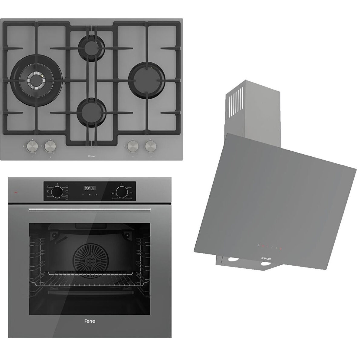 Ferre FLOWART-SILENTART Serisi Gri Set (ED078 + QBL63CPR +D079-SA) - Döküm Izgara / 67 cm Ocak