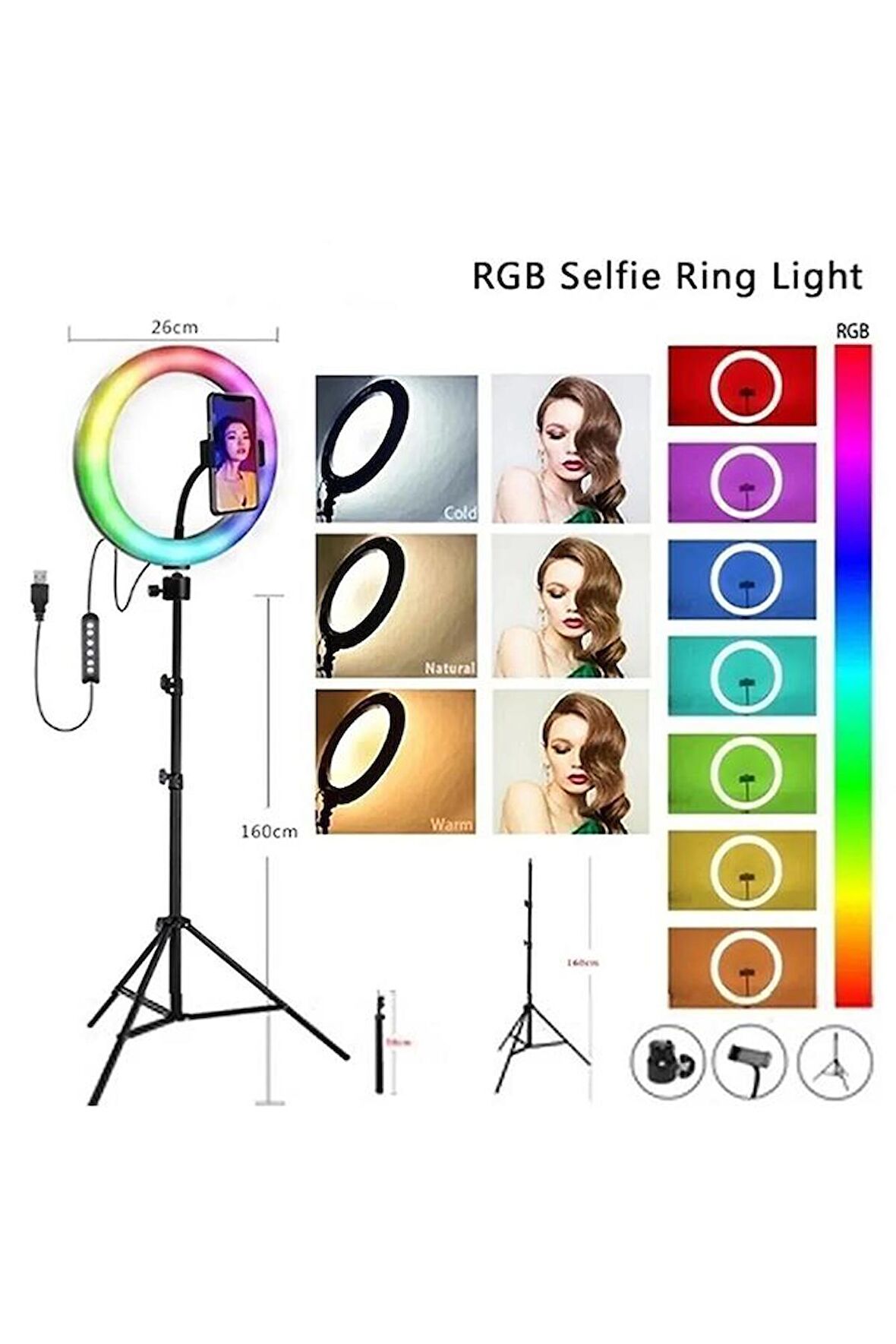 13 Inç 33 Cm Rgb Çok Renkli Led Make Up Selfie Işığı 210 cm Tripot