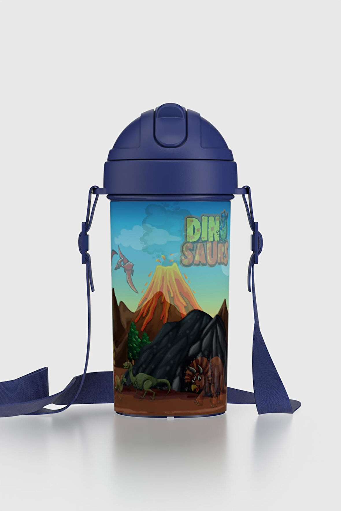 Renga Cosmo Lenticular Dinazor Desenli 415 ml Pipetli Askılı PP Çocuk Matara 912149 Mavi