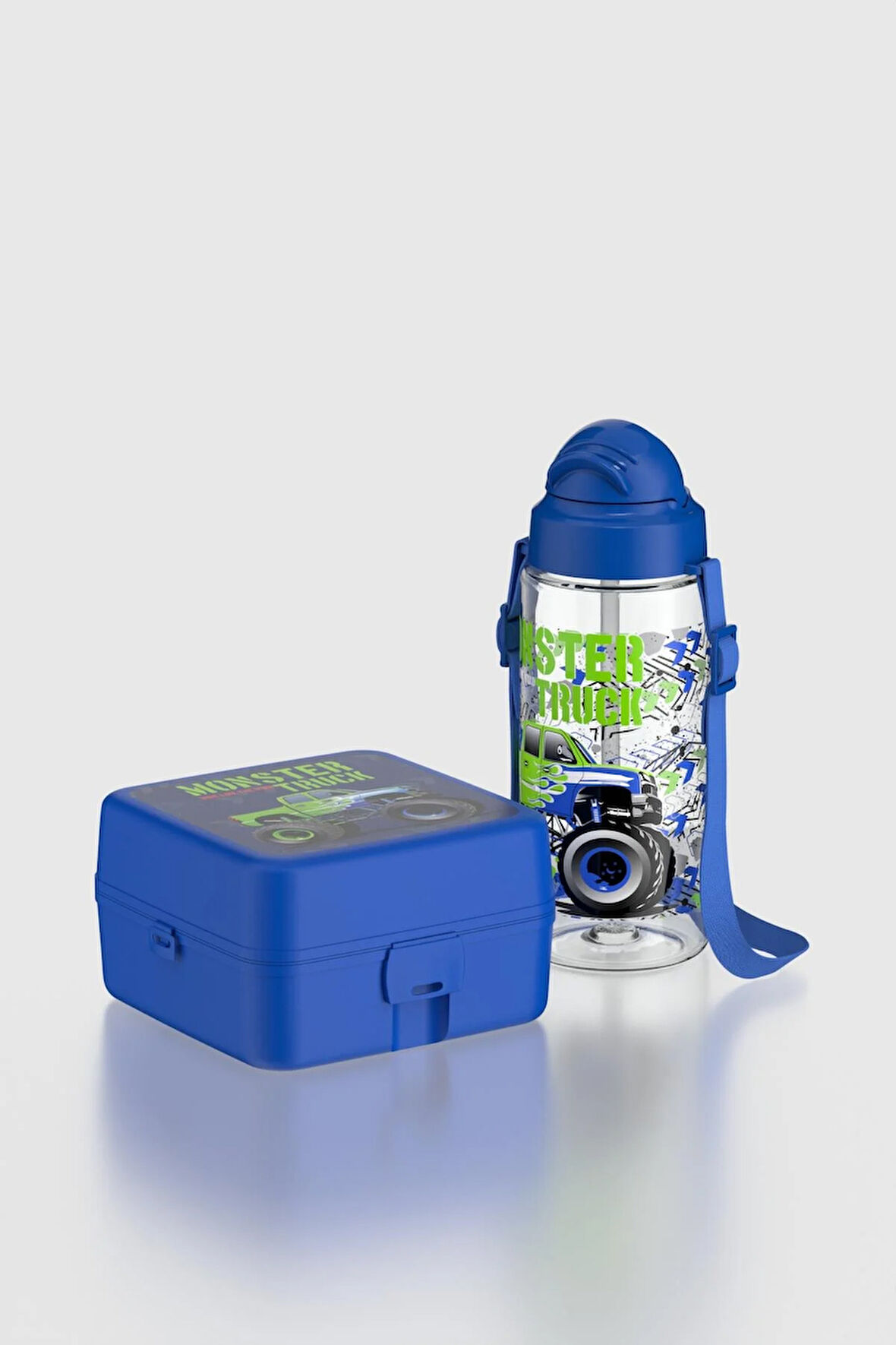 Renga Leya Monster Truck Desenli PP Çocuk Beslenme Kabı ve Suluk Seti 192013 Mavi