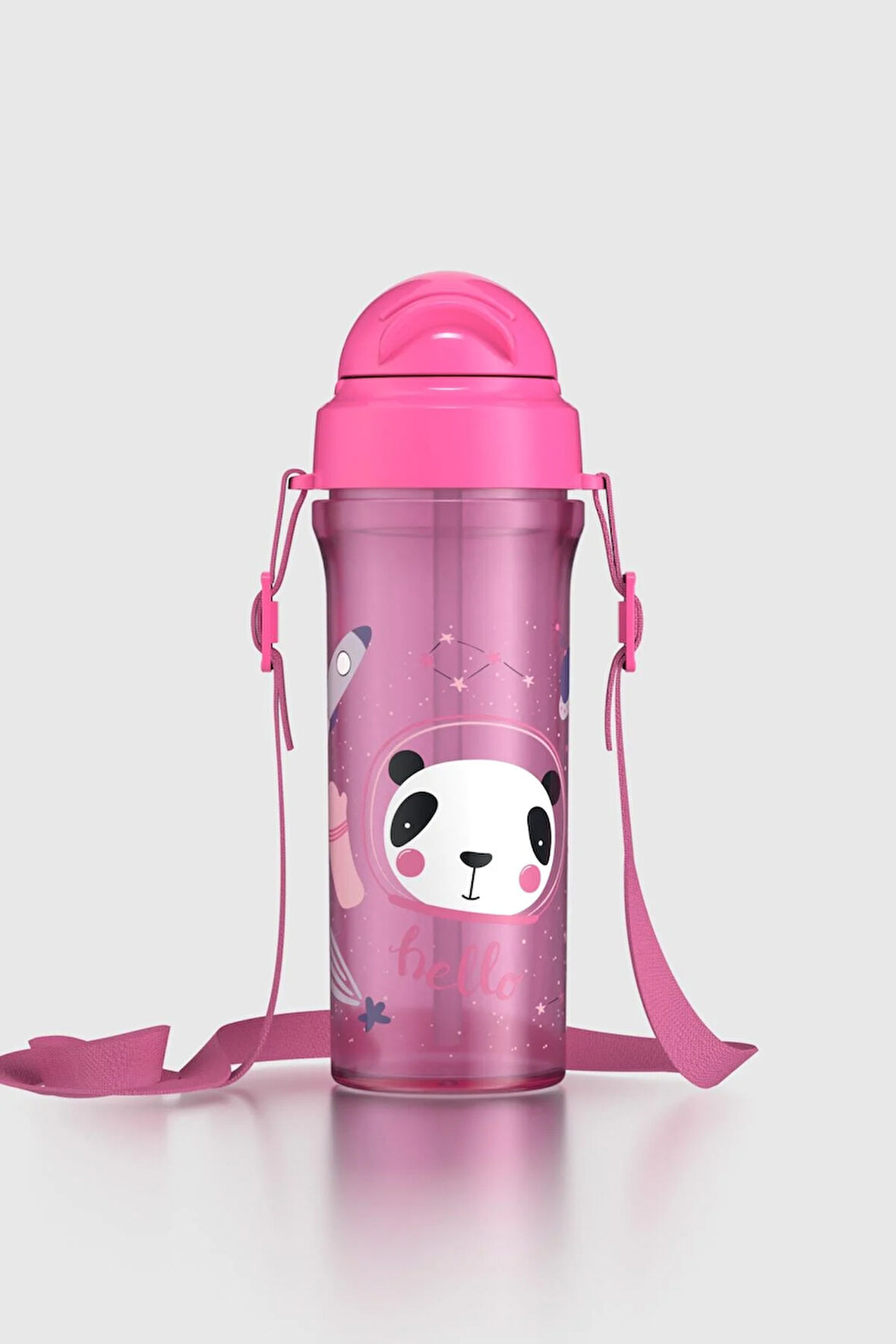 Renga Migo Panda Desenli 300 ml Askılı Pipetli PP Bebek Suluk 912013 Pembe