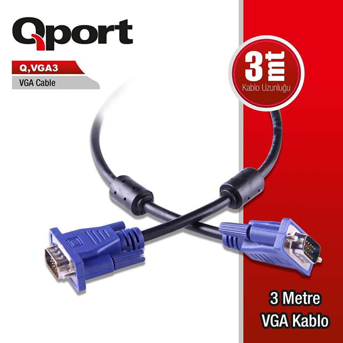 QPORT Q-VGA3 3,0m VGA (Monitör)KABLOSU ,FİLTRELİ