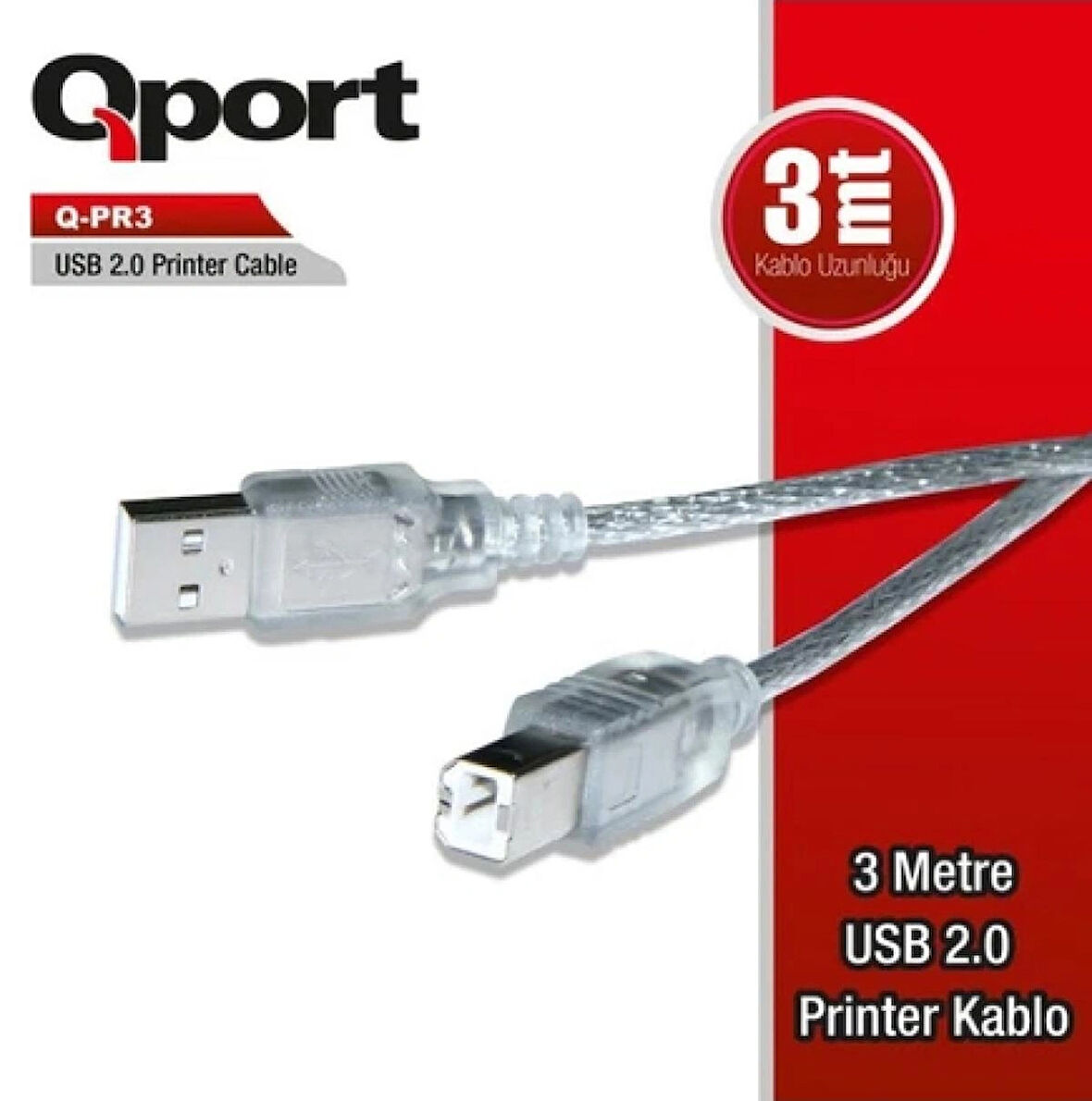 QPORT Q-PR3 3 Metre Yazıcı Kablo USB 2.0  3m Yazıcı Kablo Printer Kablosu