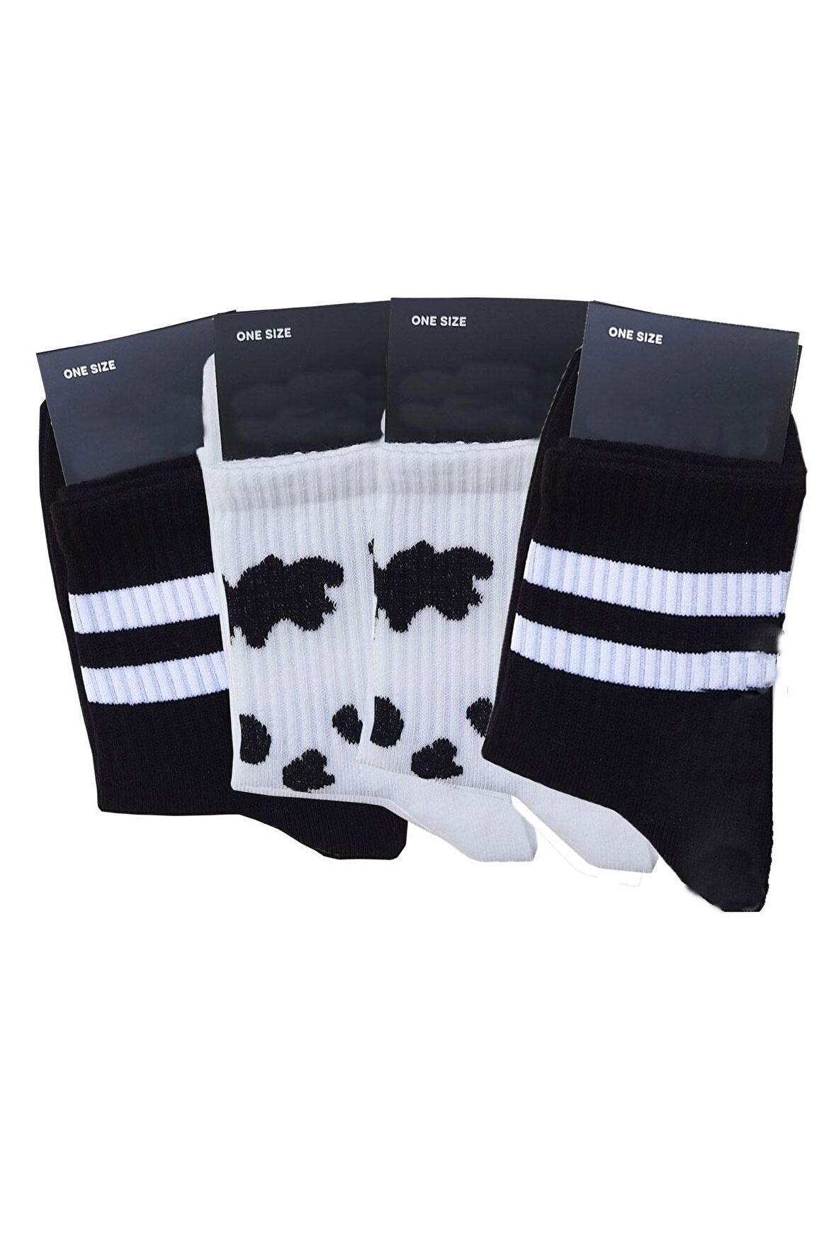 4lü Unisex İnek Desenli Kısa Konç Çorap Siyah-Beyaz Tenis Spor