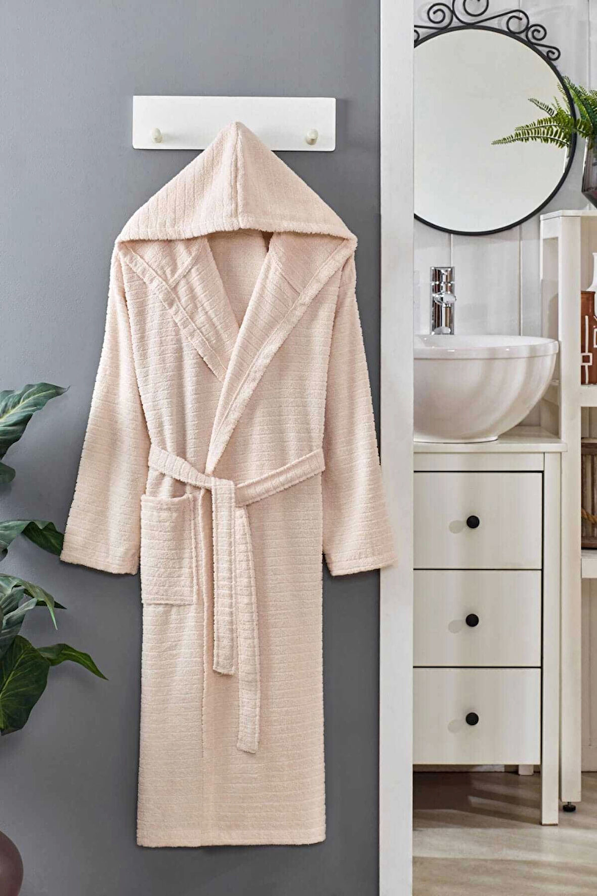 Kapüşonlu Unisex Banyo Bornozu &amp;#37;100 Soft Pamuklu Krem