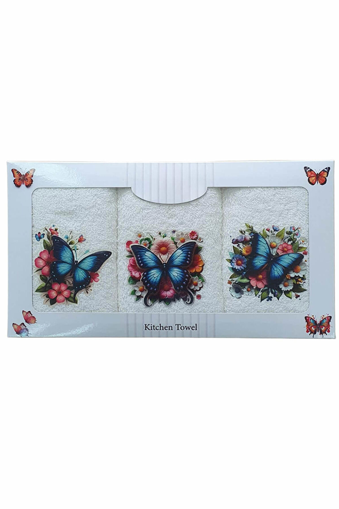 3 lü Kelebek Baskılı %100 Pamuklu Mutfak Havlusu 30 x 50 Cm