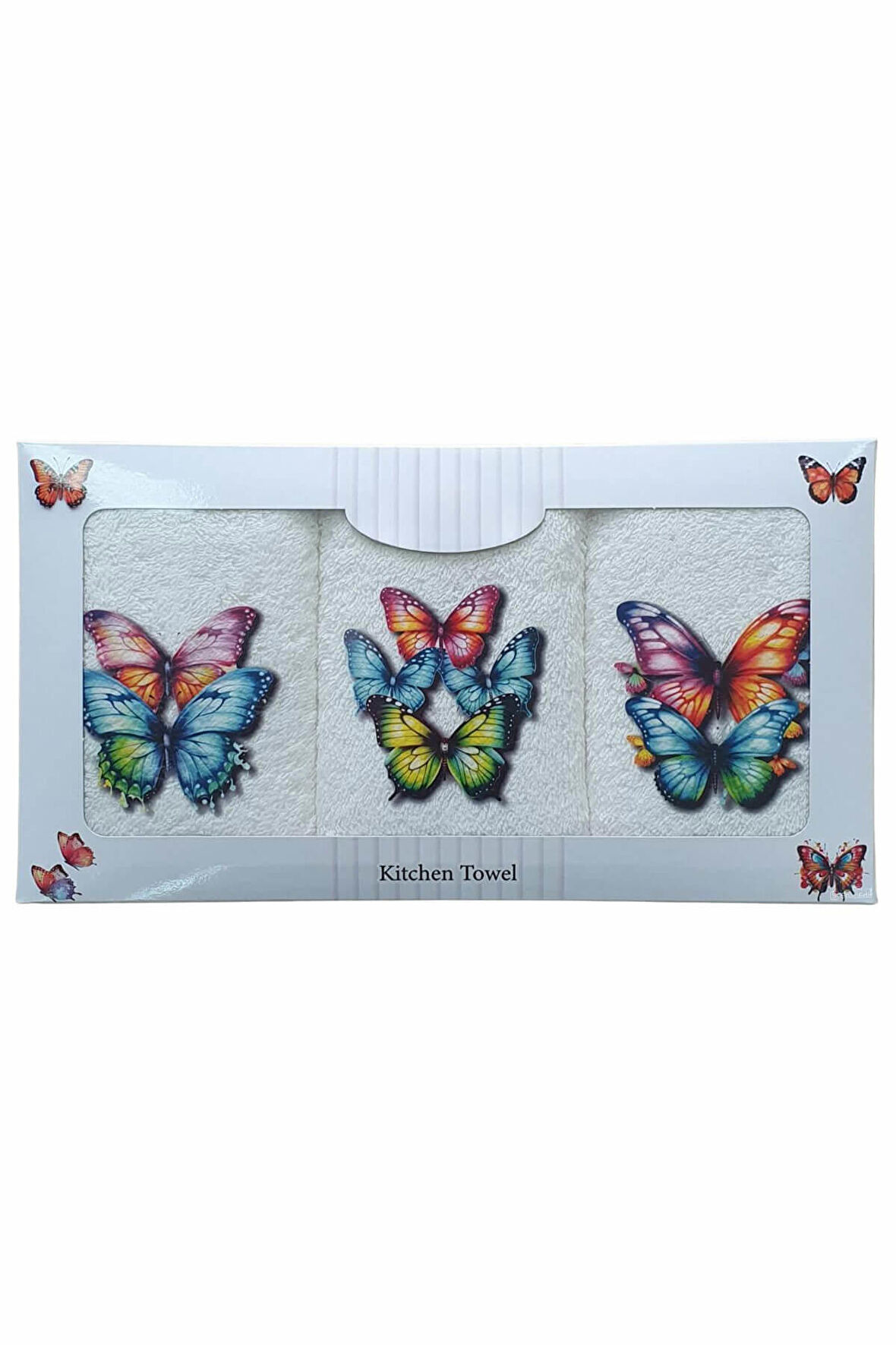 3 lü Kelebek Baskılı %100 Pamuklu Mutfak Havlusu 30 x 50 Cm