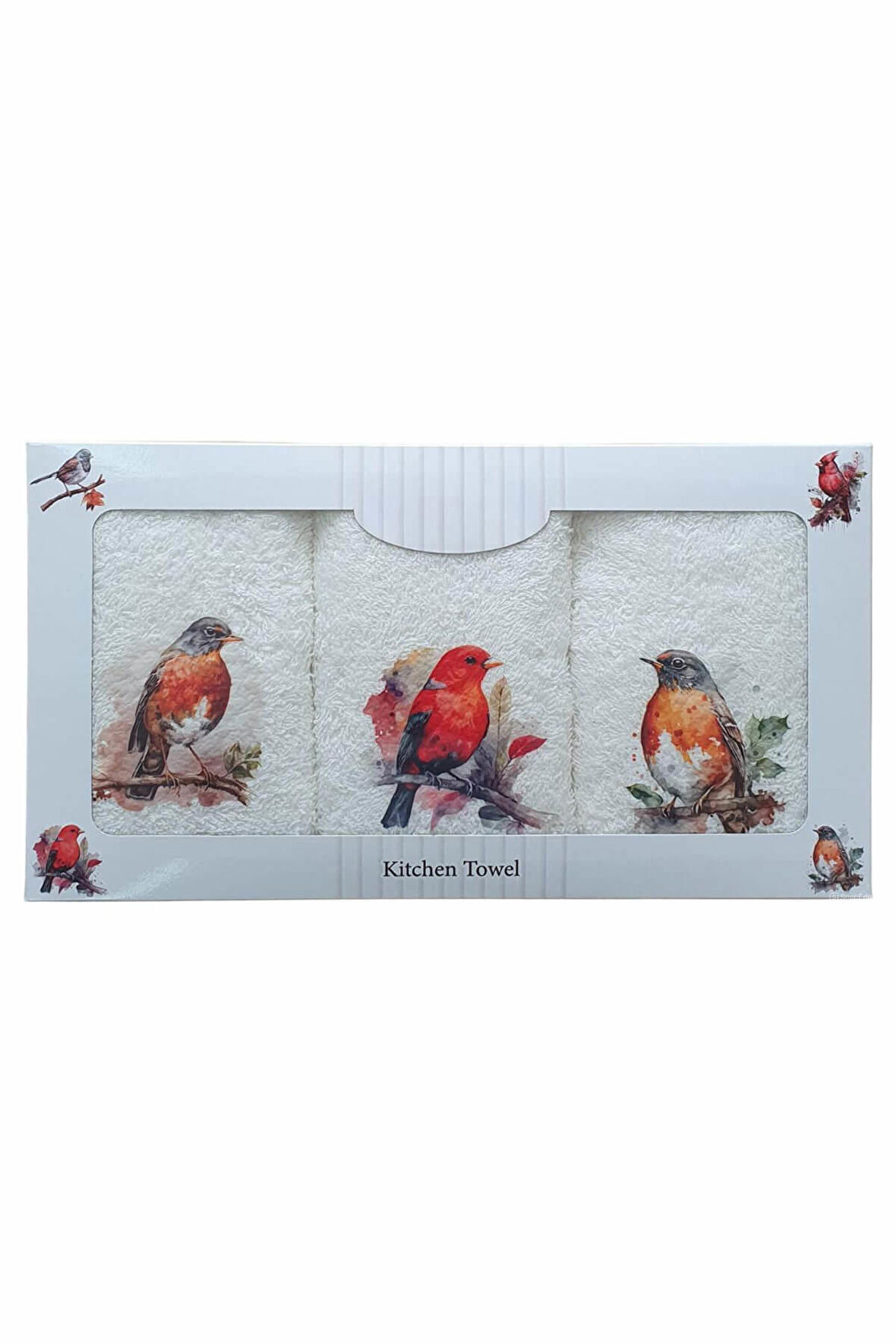 3 lü Kuş Baskılı %100 Pamuklu Mutfak Havlusu 30 x 50 Cm