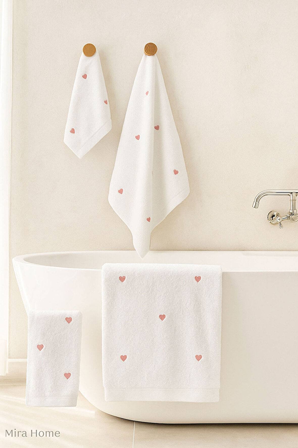 3 Parça Kalp Nakışlı Banyo Havlusu Takımı %100 Pamuklu Lovely Set