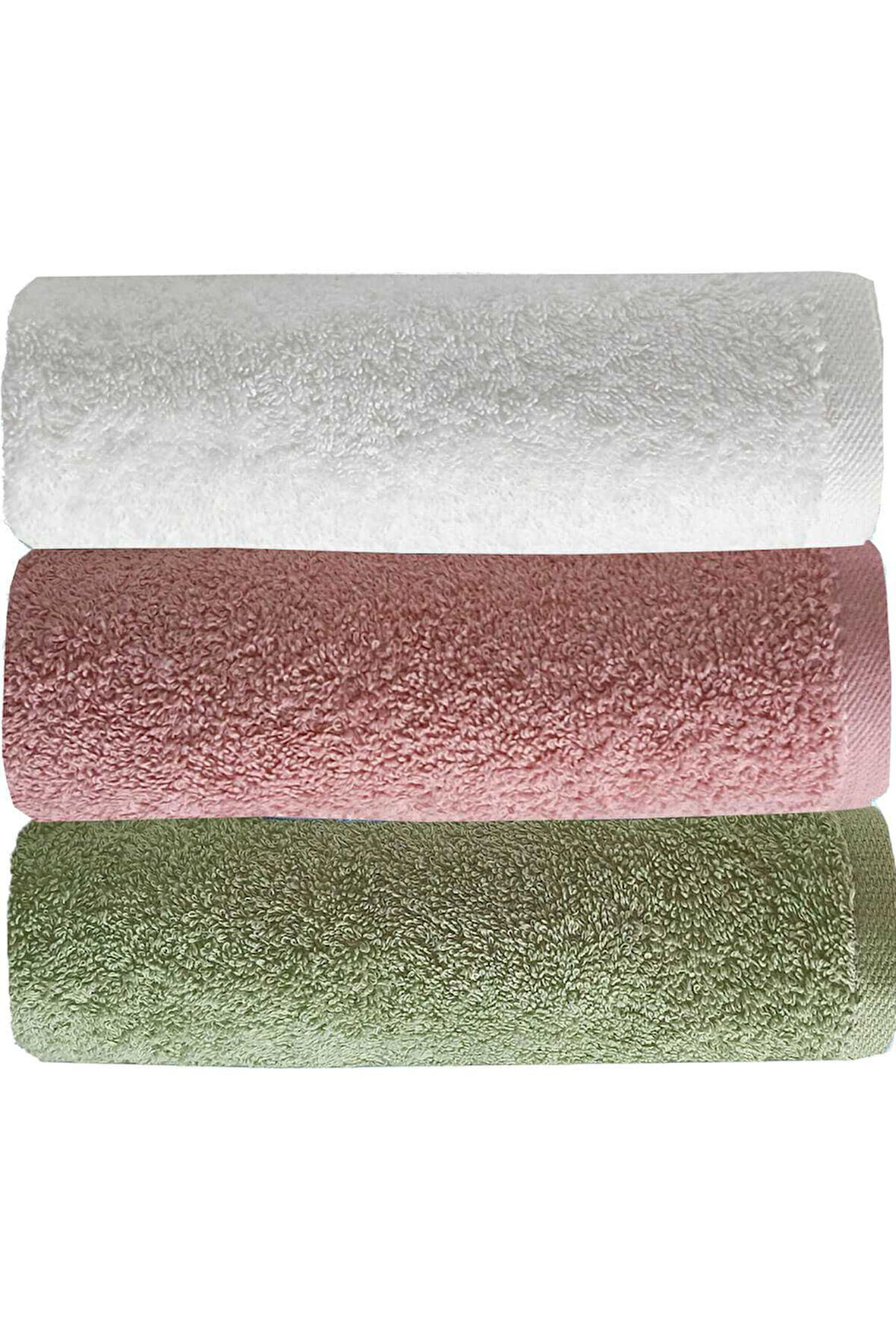3 lü Düz Renk El Yüz Havlu Seti %100 Pamuklu 50x90 Cm Yeşil Gül Beyaz