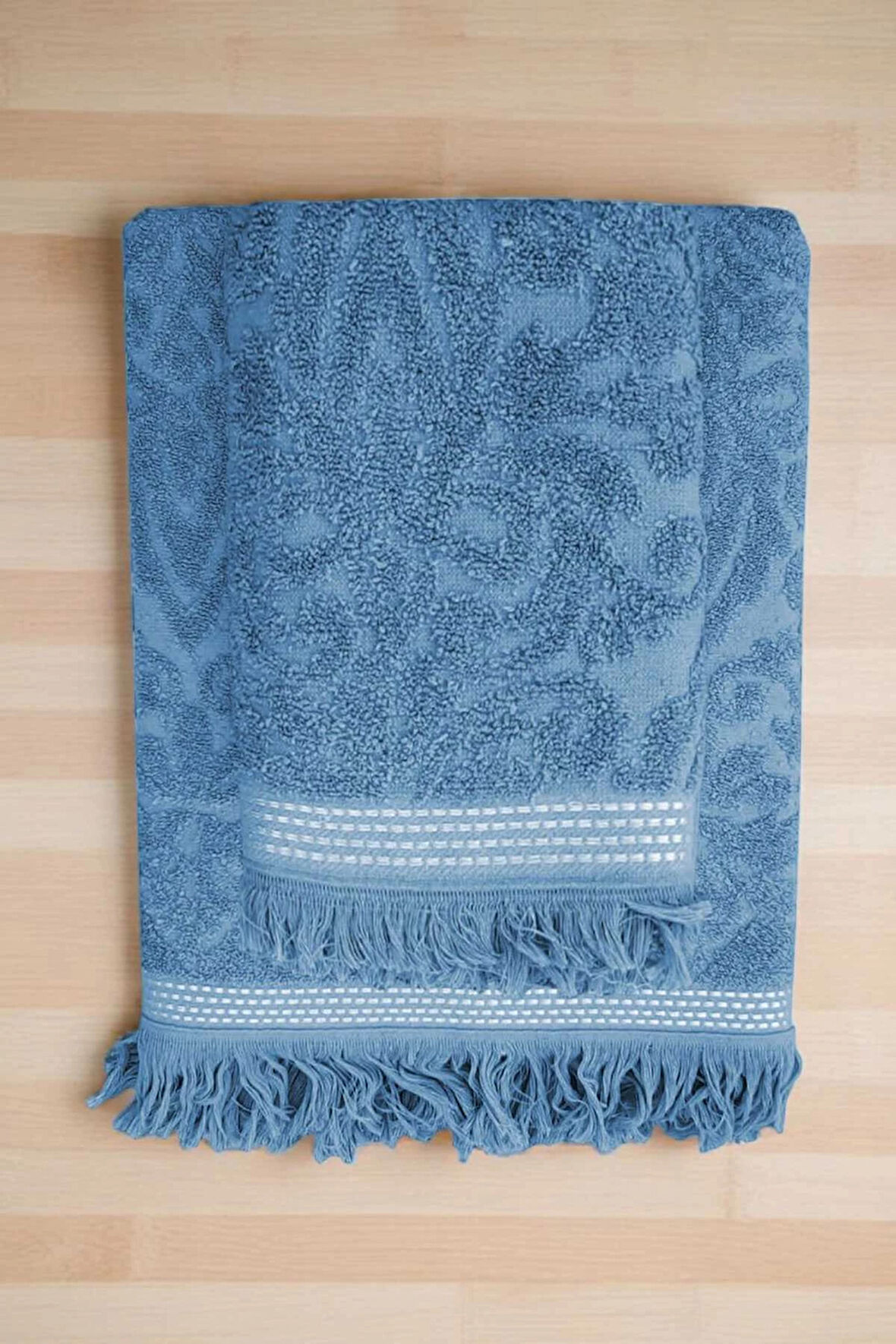2 Parça Jakarlı Banyo Havlu Takımı %100 Pamuklu 90x150 Cm Arden Mavi