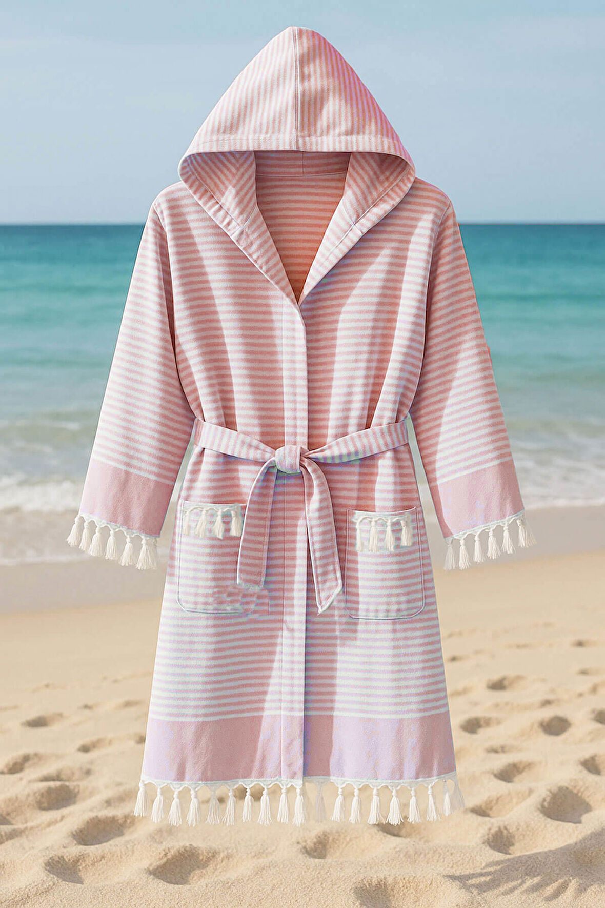 Kapşonlu Unisex Peştemal Plaj Bornozu %100 Pamuklu Seaside Stripe