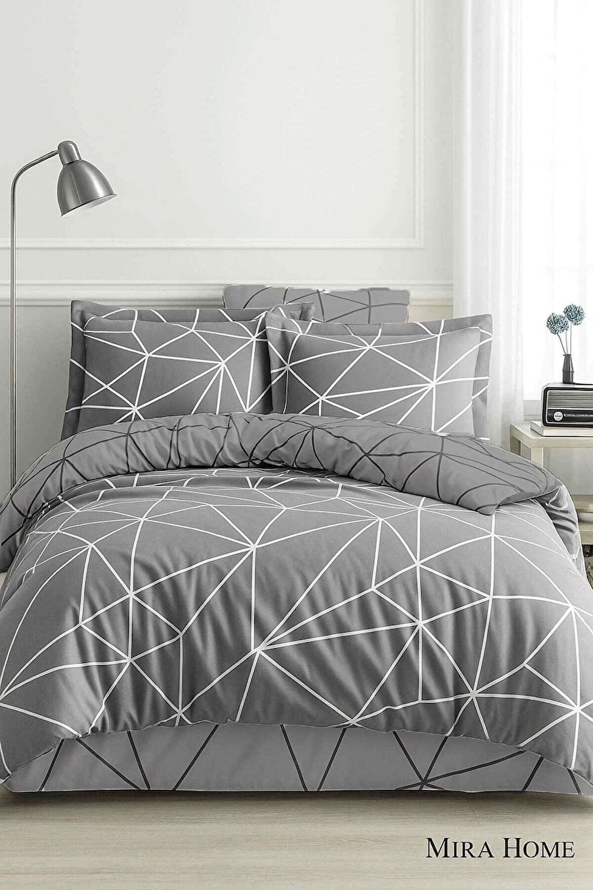 Çift Kişilik Pamuklu Nevresim Takımı Geo Line Gri