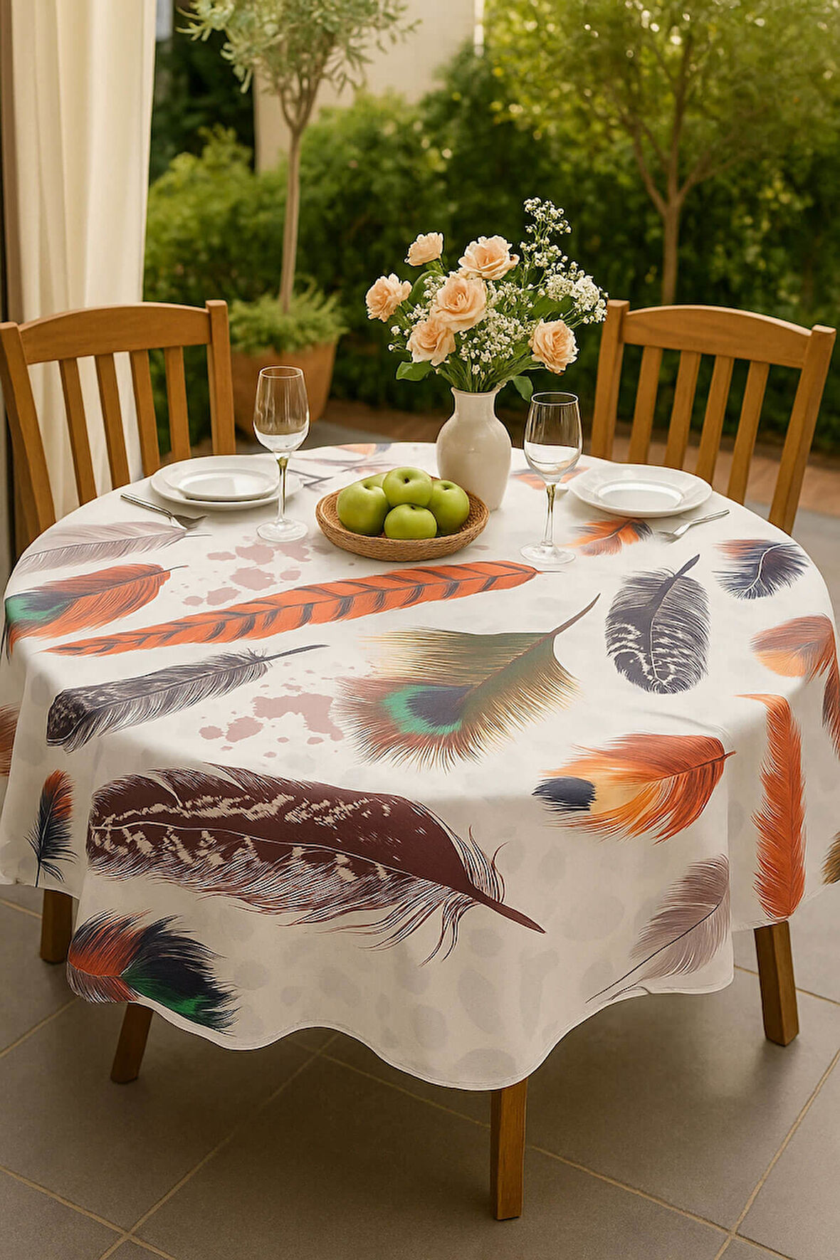 Yuvarlak Tüy Desenli Duck Kumaş Masa Örtüsü 150x150 Cm