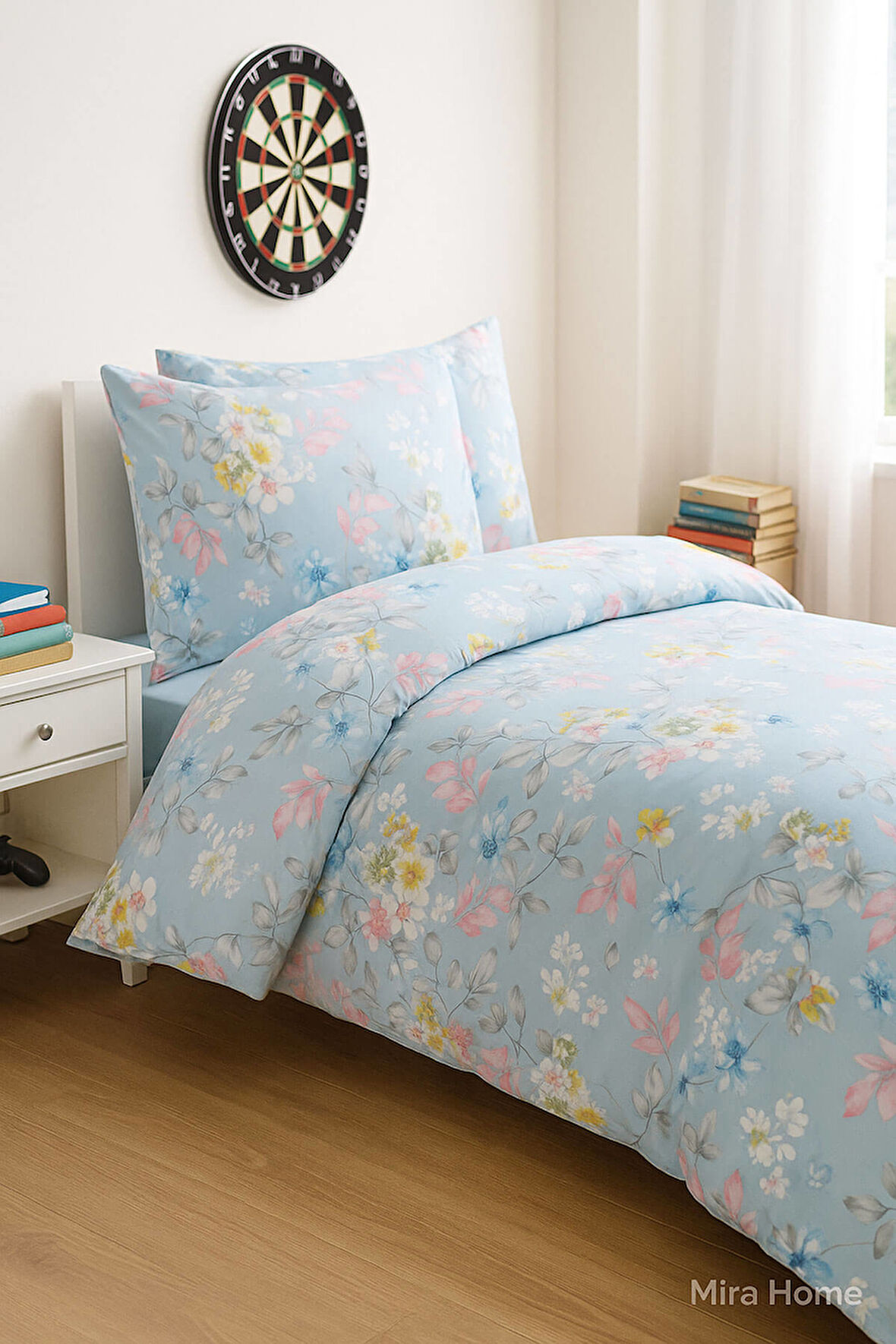 Mavi Çiçek Desenli Pamuklu Tek Kişilik Nevresim Takım