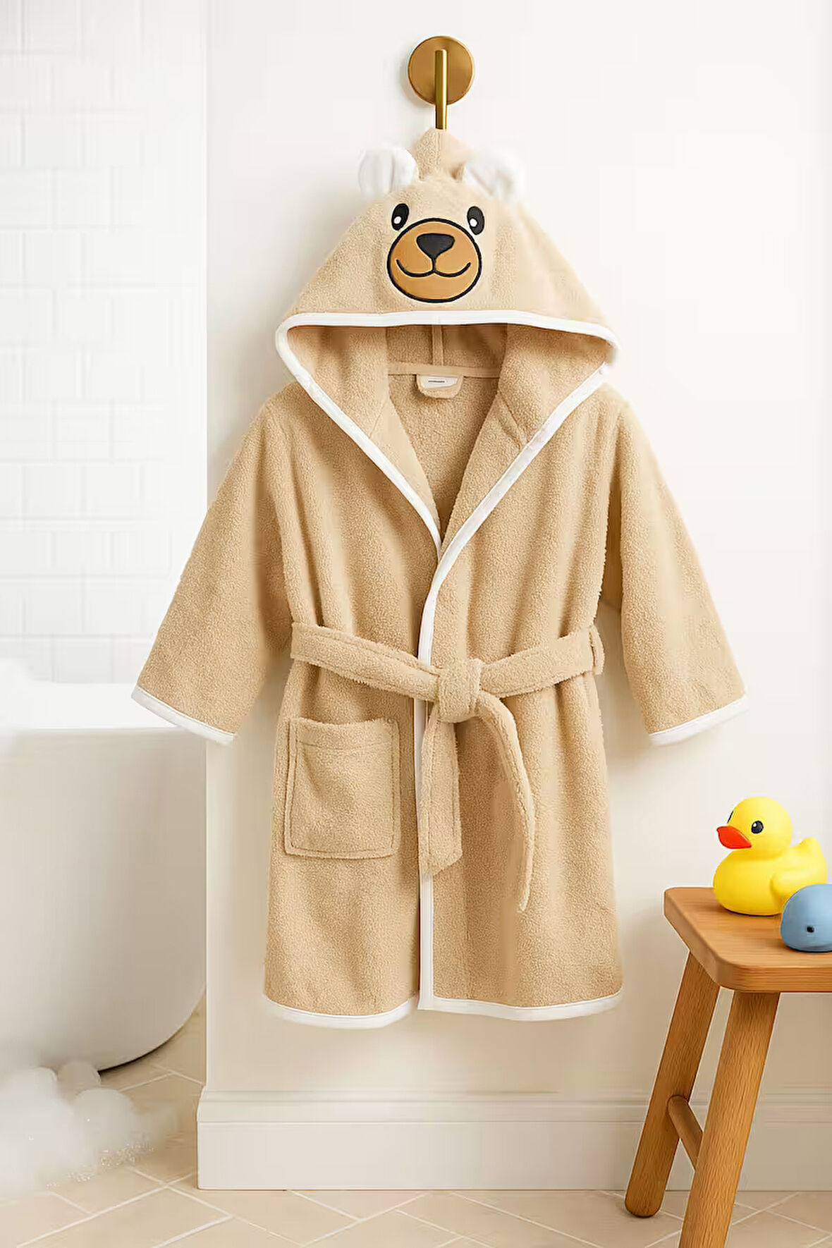 Kapşonlu Hayvan Desenli Çocuk Banyo Deniz Plaj Bornozu %100 Pamuklu 