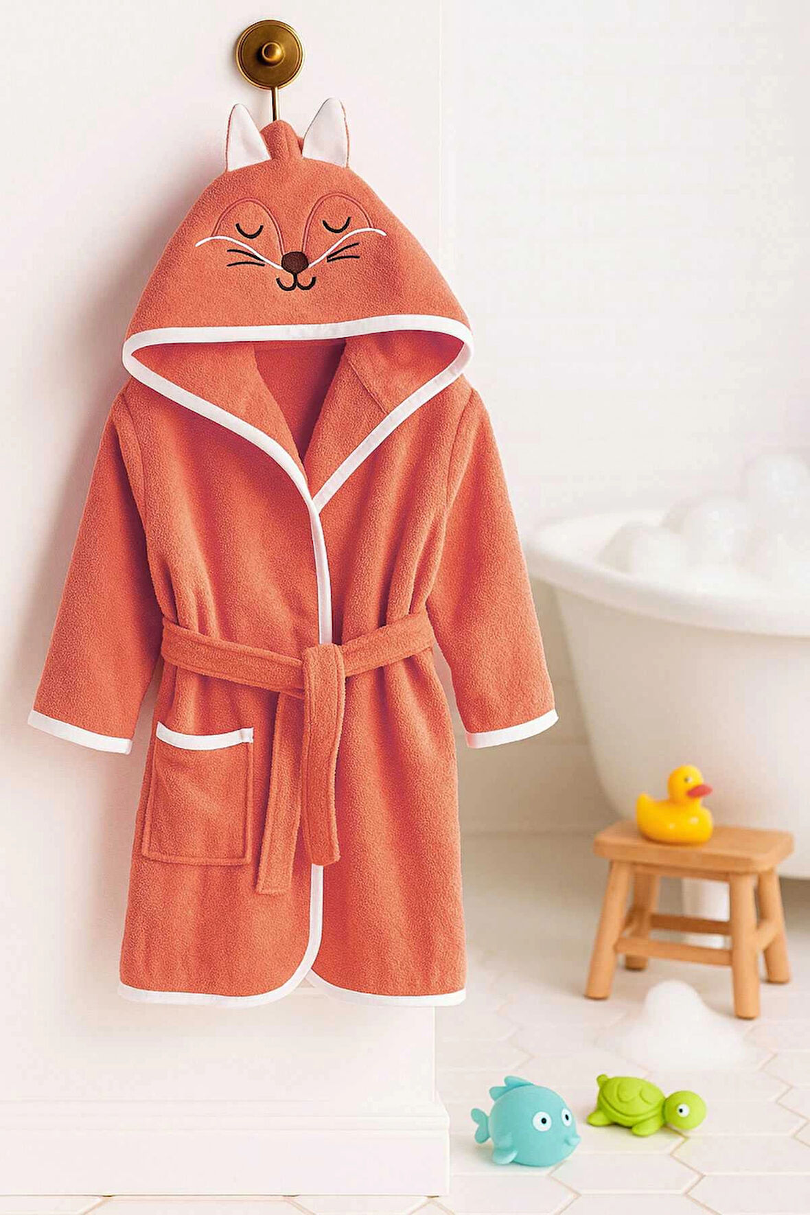 Kapşonlu Unisex %100 Pamuklu Çocuk Banyo Bornozu Fox