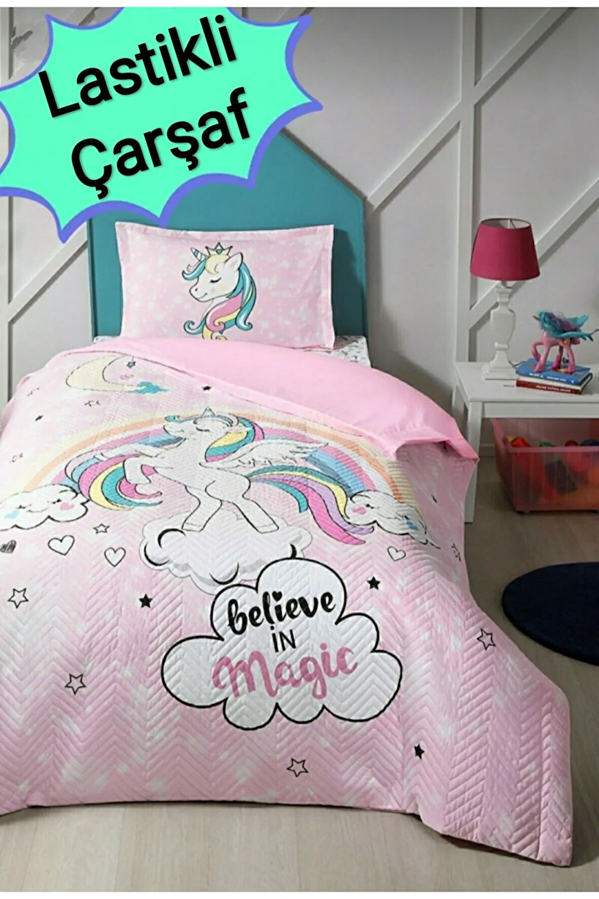 Tek Kişilik Kapitoneli Nevresim Takımı Unicorn Lastikli Çarşaf