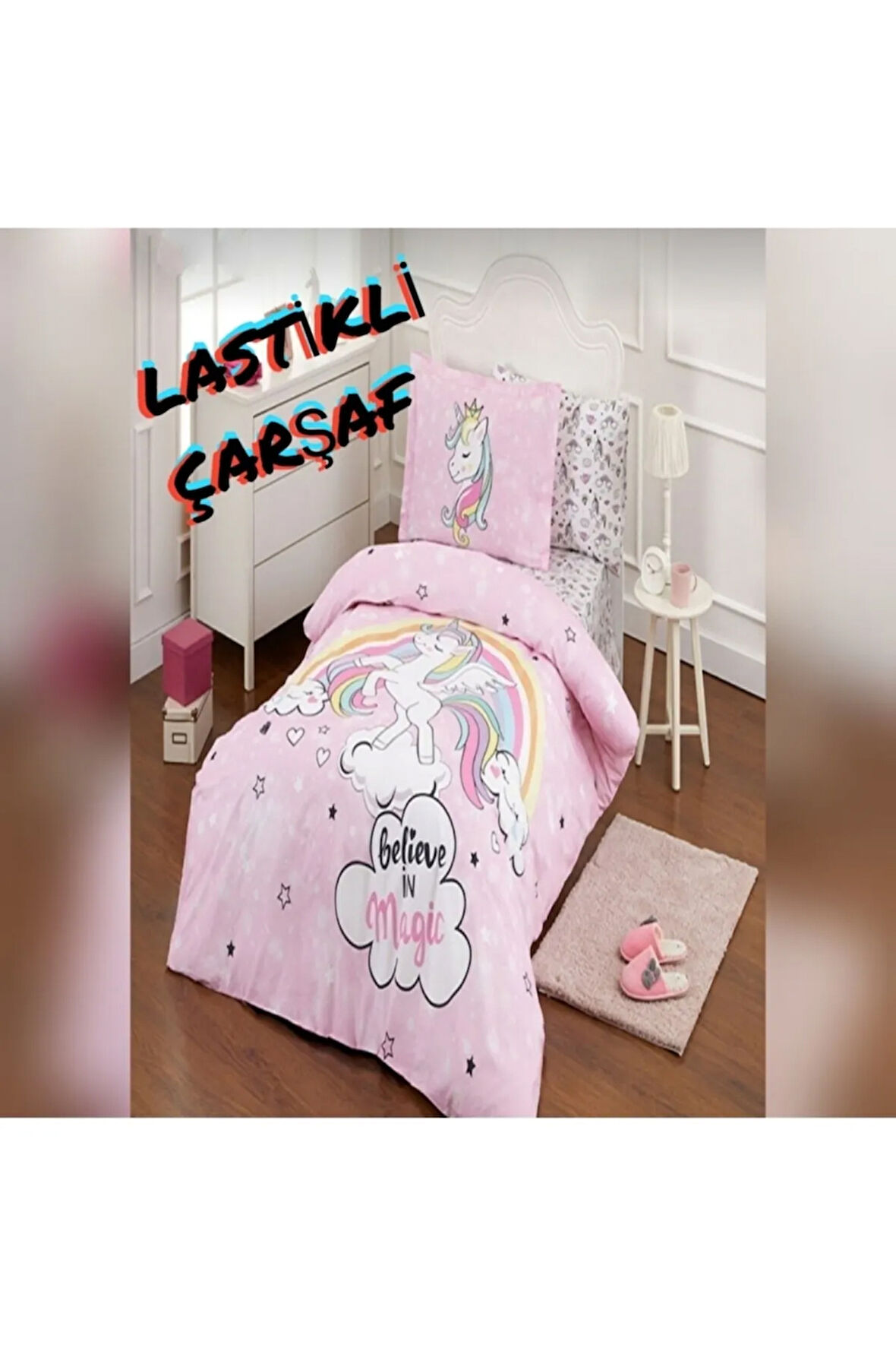 Tek Kişilik ( Çarşafı Lastikli ) Nevresim Takımı Unicorn Pembe