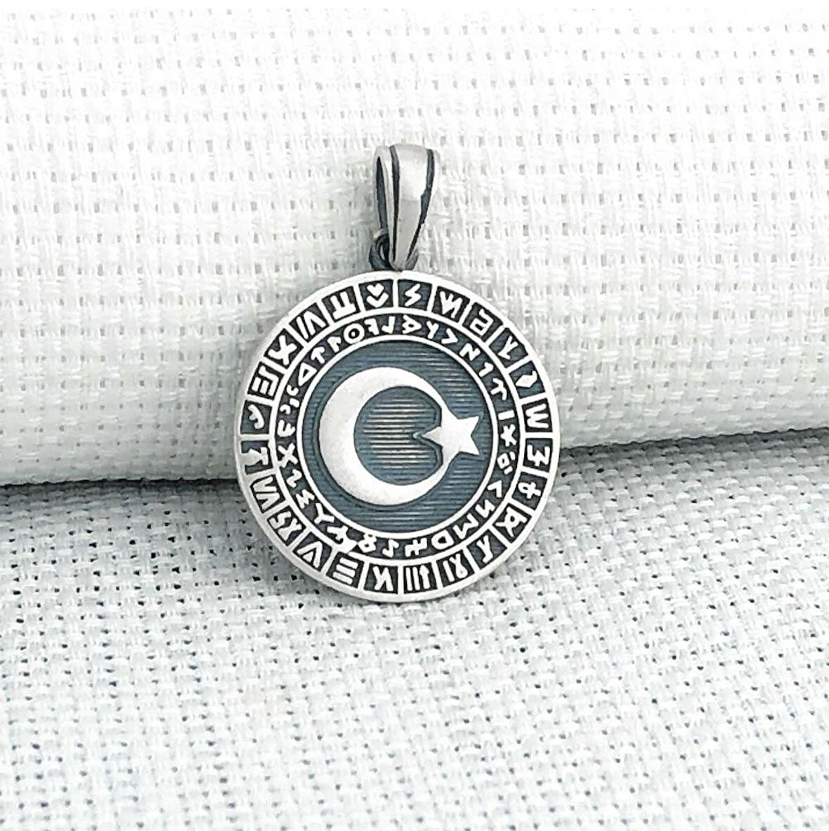 Göktürk Alfabesi Yazılı Ay Yıldız 925 Ayar Gümüş Erkek Kolye Ucu