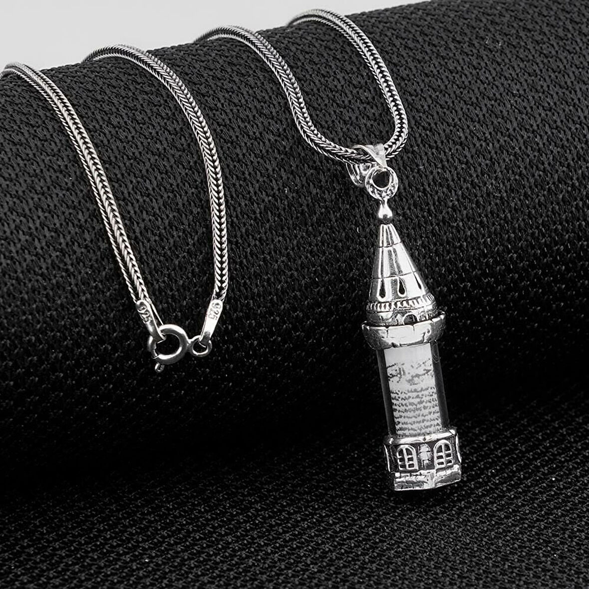 Minare Tasarımlı Kabi Cevşen Muska Dualı 925 Ayar Gümüş Erkek Kolye