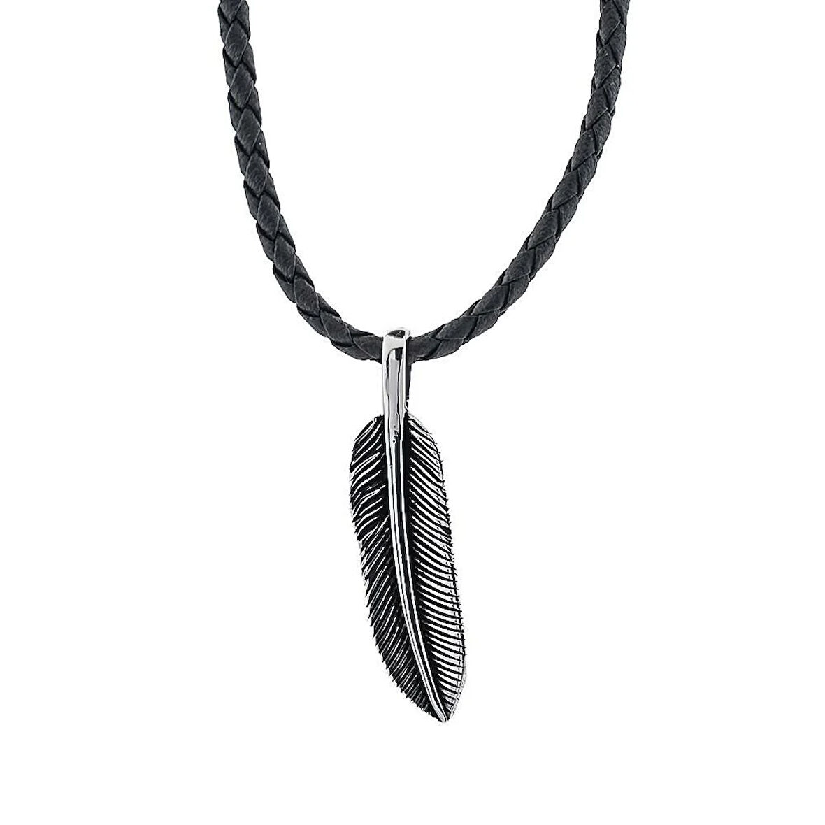 Deri İpli Kuş Tüyü 925 Ayar Gümüş Erkek Kolye