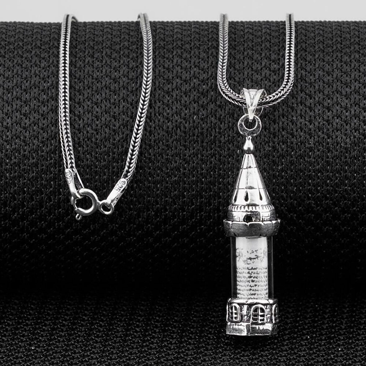 Minare Tasarımlı Kabi Cevşen Muska Dualı 925 Ayar Gümüş Erkek Kolye