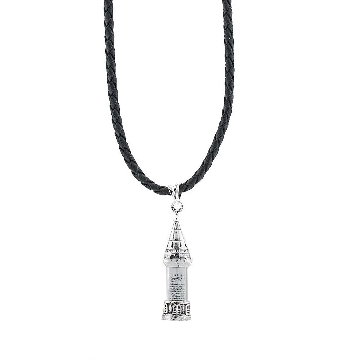 Deri İpli Minare Tasarımlı Cevşen Kebir Dualı 925 Ayar Gümüş Erkek Kolye