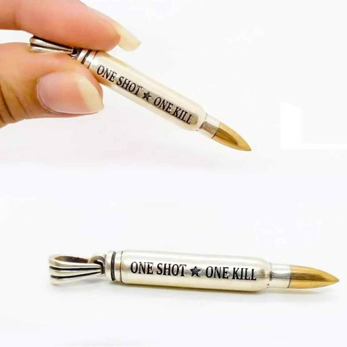 Mermi Tasarımlı One Shot One Kill Yazılı 925 Ayar Gümüş Erkek Kolye