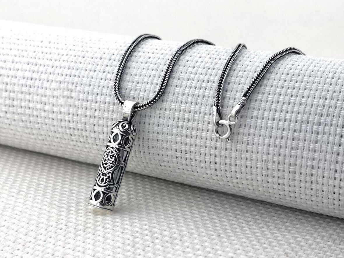 Nali Şerif Motifli Cevşen Dualu Muska 925 Ayar Kalın Zincirli Gümüş Erkek Kolye