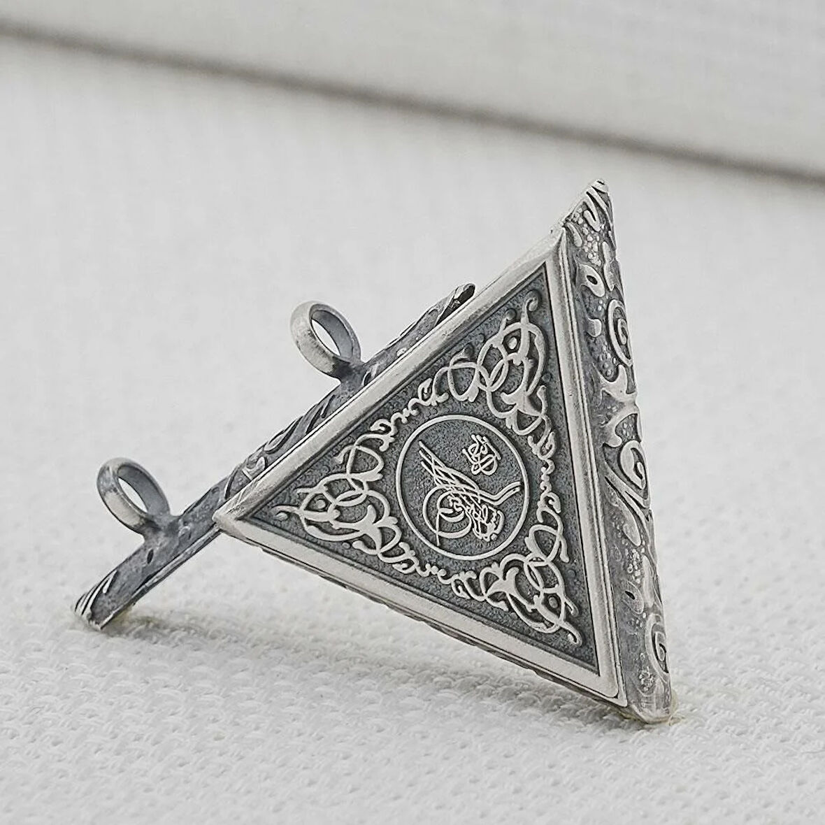 Osmanlı Tuğralı Kalın ZincirliÜçgen Muska Kabi Büyük Boy 925 Ayar Gümüş Erkek Kolye Ucu