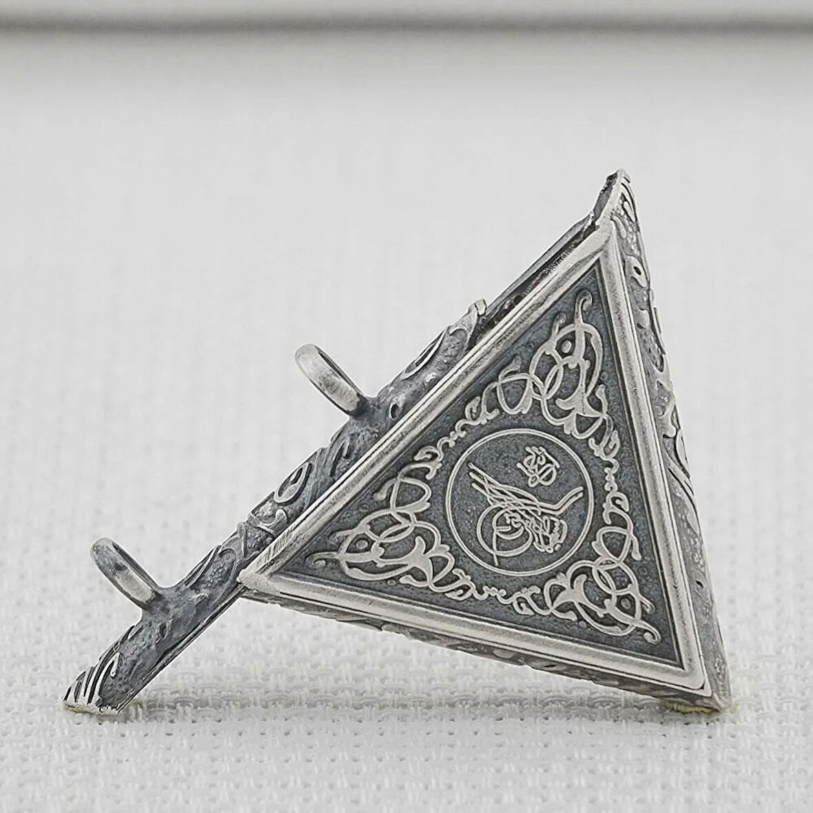 Osmanlı Tuğralı Kalın ZincirliÜçgen Muska Kabi Büyük Boy 925 Ayar Gümüş Erkek Kolye Ucu