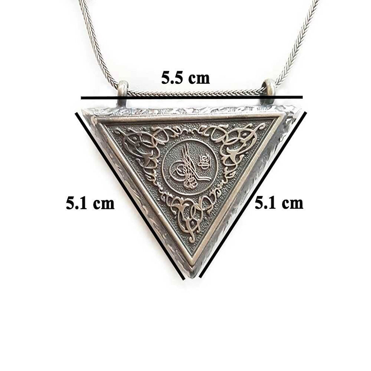 Osmanlı Tuğralı Kalın ZincirliÜçgen Muska Kabi Büyük Boy 925 Ayar Gümüş Erkek Kolye