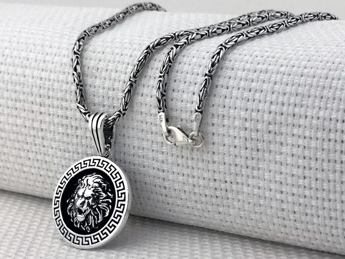 Aslan Figürlü Kral Zincirli Yuvarlak 925 Ayar Gümüş Erkek Kolye