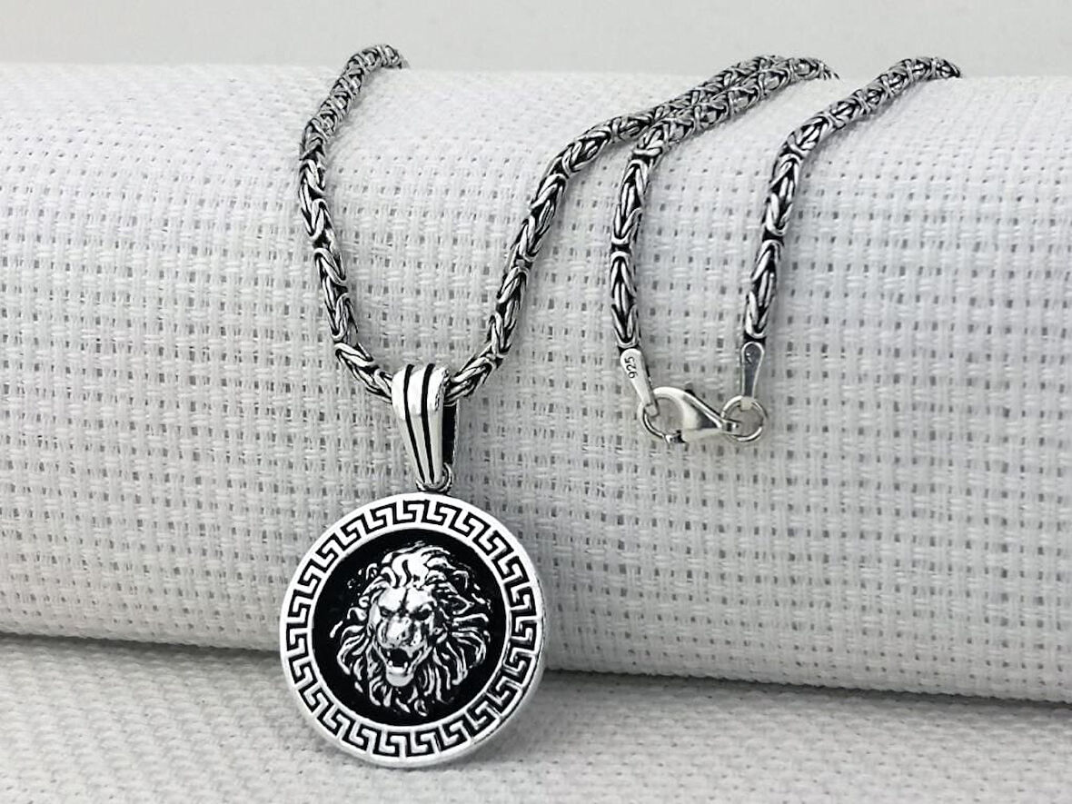 Aslan Figürlü Kral Zincirli Yuvarlak 925 Ayar Gümüş Erkek Kolye
