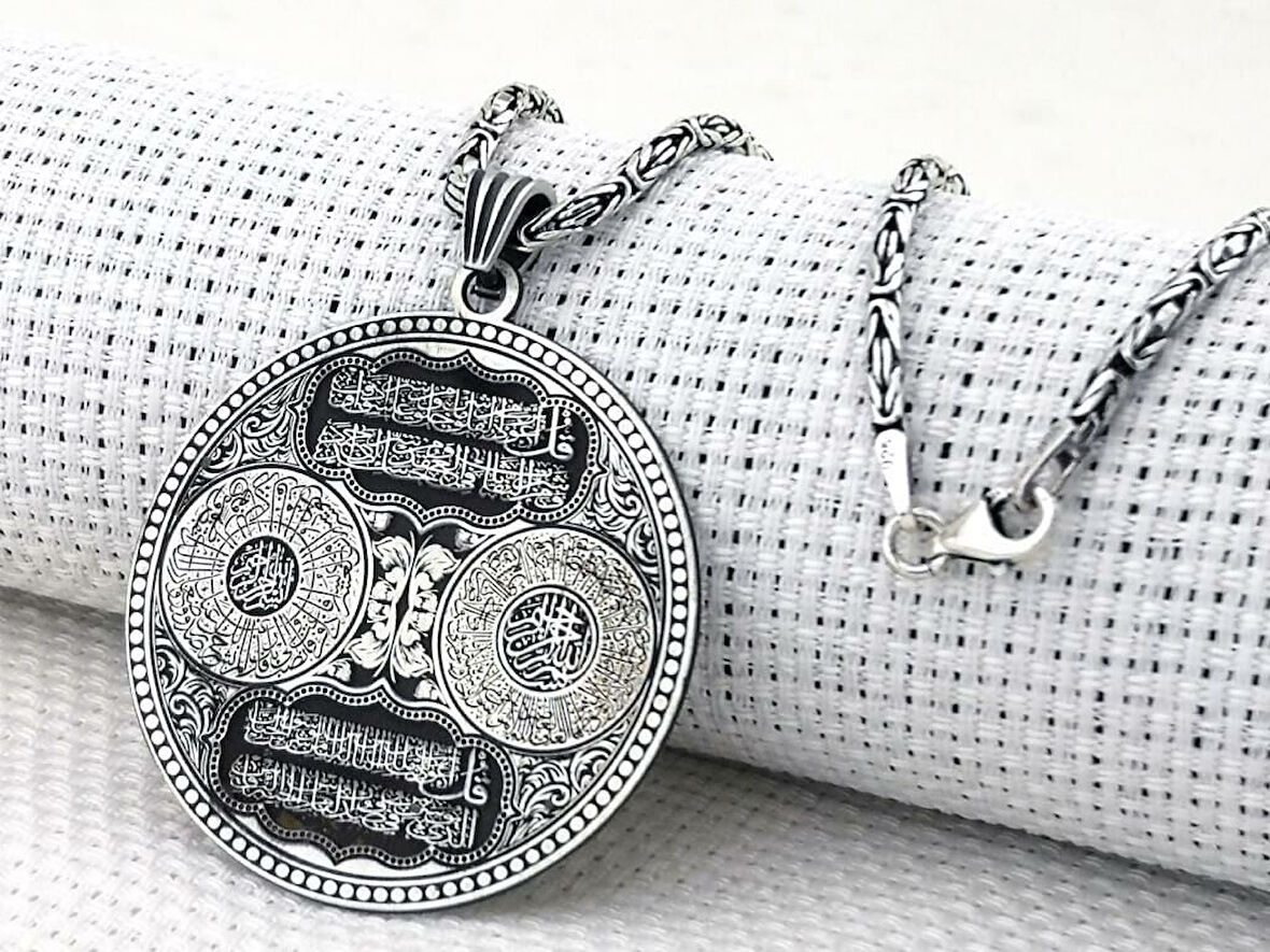 Nas Felak İnşirah Sureleri Koruma duaları Kral Zincirli Yazılı 925 Ayar Gümüş Erkek Kolye