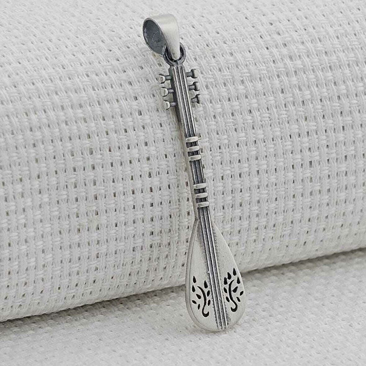 Bağlama Saz Tasarımlı 925 Ayar Gümüş Erkek Kolye  Ucu