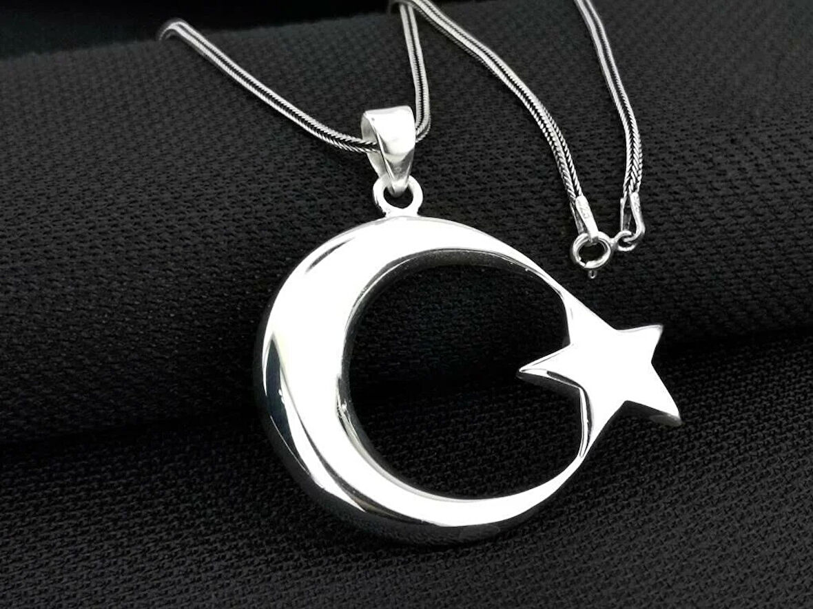 Ay Yıldız Büyük Boy 925 Ayar Gümüş Erkek Kolye
