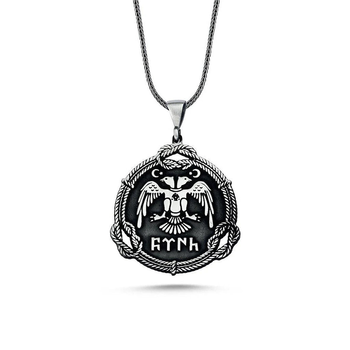 Çift Başlı Kartal  Göktürkçe Yazılı 925 Ayar Gümüş Erkek Kolye