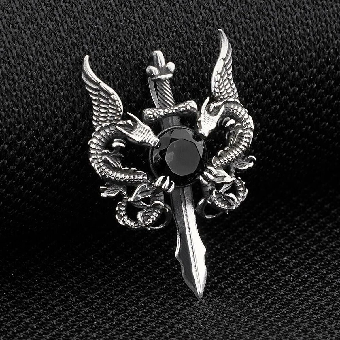 Ejderha Tasarımlı Zirkon Taşlı 925 Ayar Gümüş Erkek Kolye Ucu